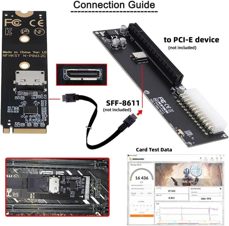 CY Adapter 2280 PCI-E4.0 M.2 M-Key NVME to Oculink SFF-8612 SFF-8611 Host Adapter with Linear Redriver for U.2 SSD eGPU Over Long Cable Lengths - Image 3